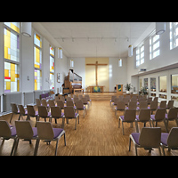 Berlin, Evangelisch-methodistische Erlserkirche Tegel, Innenraum in Richtung Orgel und Altar
