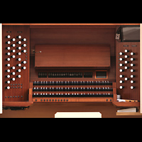 Spieltisch der Chororgel mit Registerwippen für die Fernorgel Passau, Dom St. Stephan, Spieltisch der Chororgel mit Registerwippen für die Fernorgel