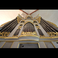 Zettemin, Dorfkirche, Blick vom Spieltisch auf den Orgelprospekt