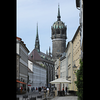 Wittenberg, Schlosskirche, Blick von der Coswiger Straße auf die Schlosskirche mit Turm