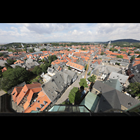 Goslar, Marktkirche St. Cosmas und Damian, Aussicht vom Nordturm nach Südosten auf die Kaiserpfalz, das Breite Tor und die Stephanikirche