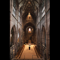 Freiburg, Münster Unserer Lieben Frau, Blick vom Altar-Baugerüst zur Chororgel, Zentralspieltisch (links) zur Michaelsorgel