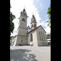 Winterthur, Stadtkirche, Doppeltürme mit Chor, Ansicht von der Oberen Kirchgasse aus