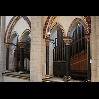 Neuss, Münster St. Quirin(us), Orgelraum im südlichen Triforium mit Kronwerk und Pedal