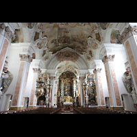 Metten, Benediktinerabtei, Klosterkirche St. Michael, Innenraum in Richtung Chor