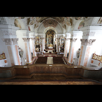 Metten, Benediktinerabtei, Klosterkirche St. Michael, Blick von der Orgelempore in die Kirche