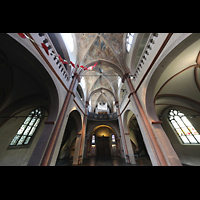 Kln (Cologne), St. Maria in Lyskirchen, Innenraum in Richtung Orgel mit Blick ins Gewlbe und die Fresken