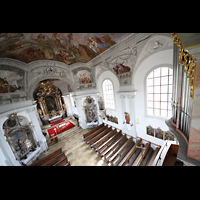 Seehausen am Staffelsee, St. Michael, Blick von der Orgelempore entlang des Rckpositivs in die Kirche