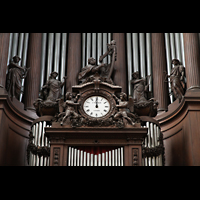Paris, Saint-Sulpice, Details, Uhr und Figurenschmuck am Orgelgehäuse