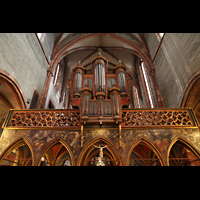 Strasbourg (Straßburg), Saint-Pierre-le-Jeune Protestant, Gotischer Lettner mit Darsteollung der vier Evangelisten, darüber die Orgel