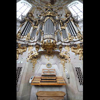 Ettal, Benediktinerabtei, Klosterkirche, Barockorgel mit Spieltisch