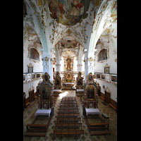 Andechs, Wallfahrtskirche (Klosterkirche), Blick von der Orgelempore in die Kirche