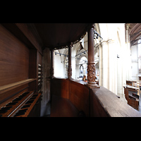 Blick vom Spieltisch der Transeptorgel zur Hauptorgel Amsterdam, Nieuwe Kerk, Blick vom Spieltisch der Transeptorgel zur Hauptorgel