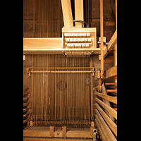 Gouda, Sint Janskerk - Grote Kerk, Mechanische Spieltraktur mit Barkermaschine fr 20 Tne im Hauptwerk