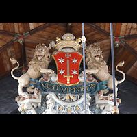 Wappen und Löwenfiguren auf dem obersten mittleren Prospektfeld Haarlem, Sint Bavokerk, Wappen und Löwenfiguren auf dem obersten mittleren Prospektfeld