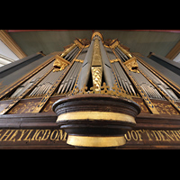 Leiden, Hooglandse Kerk, Blick vom Spieltisch der de Swart/von Hagerbeer-Orgel auf den Prospekt