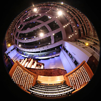 Salt Lake City, Conference Center LDS (Latter-Day Saints), Spieltisch mit Blick zur Orgel und zur Decke