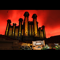 Salt Lake City, Mormon Tabernacle, Orgel mit Spieltisch und Chorbhne mit Effektbeleuchtung