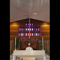 San Francisco, St. Mary's RC Cathedral of the Assumption, Altar aus Marmor, 10 t schwer, dahinter: Bischofssitz und Bronzewappen der Erzdizese