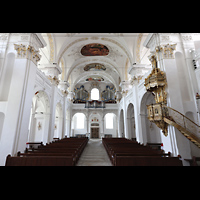 Disentis, Benediktinerkloster, Klosterkirche St. Martin, Innenraum in Richtung Hauptorgel