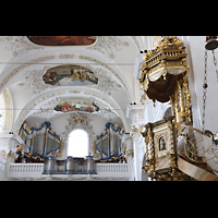 Disentis, Benediktinerkloster, Klosterkirche St. Martin, Kanzel und Hauptorgel
