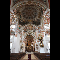 Einsiedeln, Benediktinerabtei, Innenraum in Richtung Chor mit Blick in die Abendmahlskuppel (oben)