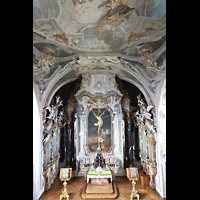 Einsiedeln, Benediktinerabtei, Blick vom 'K�nzeli' in den oberen Chor mit freskenbemalter flacher Kuppel