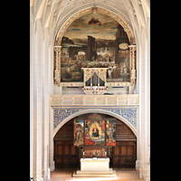 Halle (Saale), Marktkirche Unserer Lieben Frauen, Ostwand mit Chororgel, Altarbild (Cranach) und gro�em Bild (Lichtenfelser)