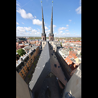 Halle (Saale), Marktkirche Unserer Lieben Frauen, Blick von den Hausmannst�rmen nach Westen auf Kirchendach u. Blaue T�rme