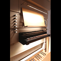 Hamburg, Hauptkirche St. Nikolai, Spieltisch der Orgel in der Taufkapelle, seitlich