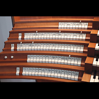 Hamburg, Hauptkirche St. Nikolai, Linke Registerstaffel am Hauptorgelspieltisch, beleuchtet