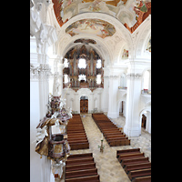 Weingarten, Basilika  St. Martin, Seitlicher Blick von einem Bauger�st aus ca. 10 m H�he auf Orgel und Kanzel