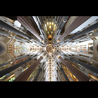 Barcelona, La Sagrada Familia, Blick ins Vierungsgew�lbe - li: nord�stl., unten Langhaus, re: s�dwestl., oben: Chor