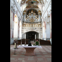 Amorbach, Abteikirche, Innenraum / Hauptschiff in Richtung Orgel
