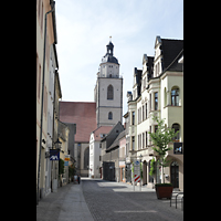 Wittenberg, Stadtkirche St. Marien, Blick von der Brgermeisterstrae auf die Trme der Stadtkirche