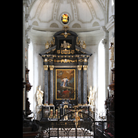 Luzern, Hofkirche St. Leodegar, Chorraum mit Hochaltar von der Orgelempore aus gesehen