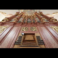 Luzern, Jesuitenkirche, Orgel mit Spieltisch perspektivisch