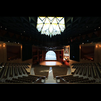 Las Palmas (Gran Canaria), Auditorio Alfredo Kraus, Blick von oben ganz hinten zur Orgel und Orchesterbühne mit Meerblick