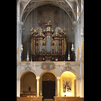 Regensburg, Niedermünster, Orgelempore (teilbeleuchtet)
